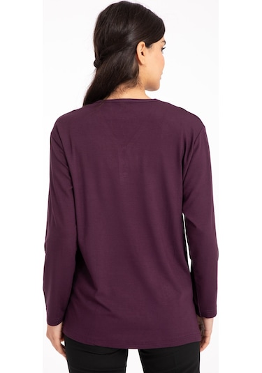 Kadın Orta Yaş ve Üzeri Dört Mevsim V Yaka Rahat Kalıp Likralı Viskoz Anne Penye Bluz 140-Mürdüm