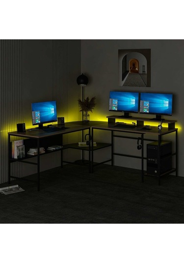 Minar Greta Rgb Led Işıklı L Köşe Çalışma Masası Dore Siyah