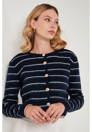 Lela Standart Fit Çizgili Yumuşak Dokulu Crop Triko Bayan Hırka 4615551 Lacivert