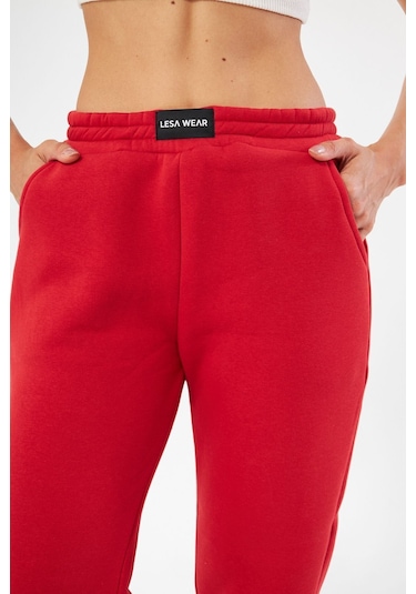 Lesa Wear Yüksel Bel Jogger Şardonlu Eşofman Altı Paçası Lastikli Kırmızı