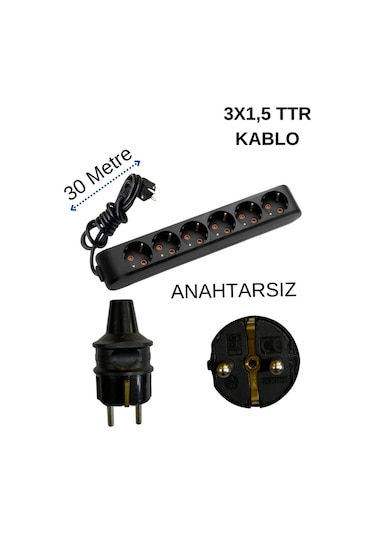 Avarson 6'lı Altılı Priz Topraklı Kablolu Siyah 3x1,5 Ttr 30 Otuz Metre