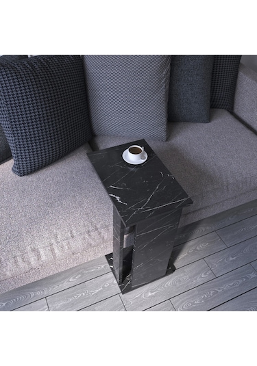 Pasific Home Single Çok Amaçlı Tekerlekli C Sehpa ,Koltuk Sehpası - Siyah Mermer