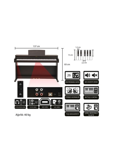 Jwin Sapphire Sdp-400 Çekiç Aksiyonlu 88 Tuşlu Dijital Piyano + Tabure - Gül Ağacı