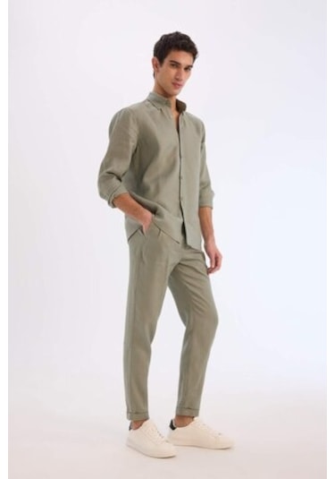 Defacto %100 Keten Normal Kesim Crop Duble Paça Yazlık Kumaş Pantolon C1826ax25smkh433 Haki