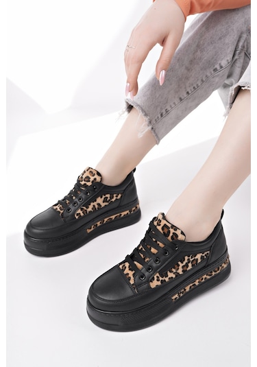 Muggo Zarina Kadın Kalın Taban Leopar Desenli Bağcıklı Günlük Sneaker Spor Ayakkabı Siyah