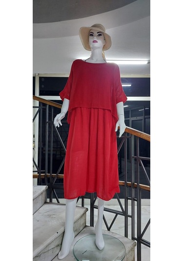 İtalyan Müslin Keteni Üstü File Bluzlu Astarlı Tek Parça Elbise Kırmızı