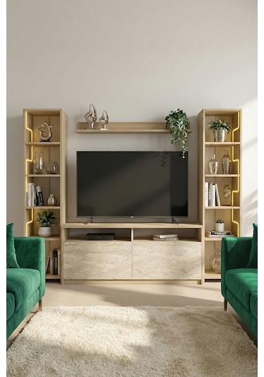 Labirent Ledli Duvar Tv Ünitesi Traverten Kapak Açık Meşe