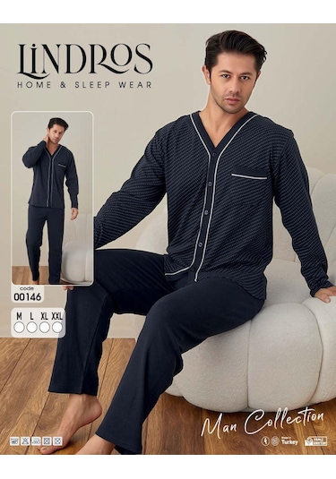 Lindros Erkek Gömlek Yaka İnterlok Uzun Kol Pijama Takımı 00146 - 1 Adet 001