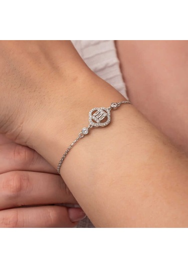 Gümüş Yonca Baget Taşlı Kadın Bileklik Gümüş