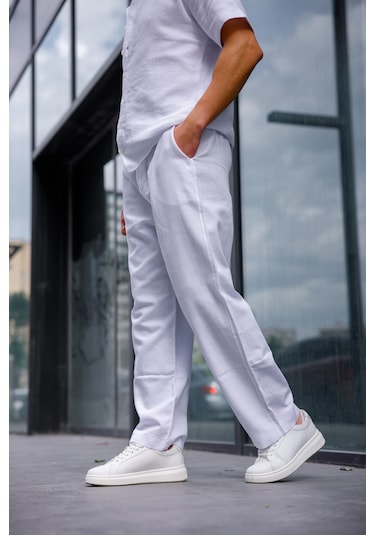 Keten Baggy Beyaz Renk Erkek Pantolon-1764 Beyaz
