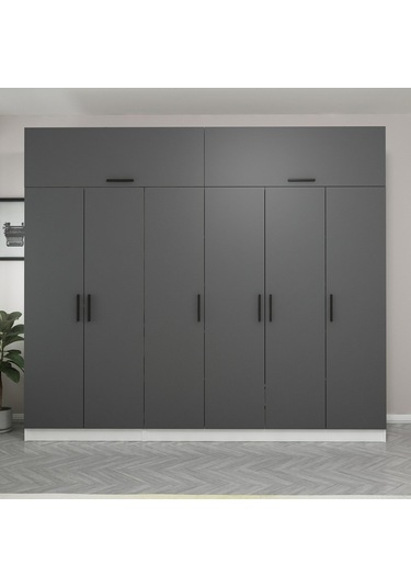 Minar Kale 6 Kapaklı 2 Çekmeceli Dolap Ve Yüklük Beyaz Antrasit 255cm