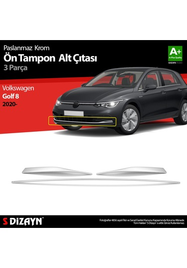 S-Dizayn VW Golf 8 HB Krom Ön Tampon Alt Çıtası 3 Parça 2020 Üzeri