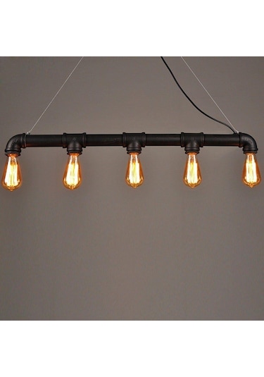 Endüstriyel Malzeme Demir Boru Sarı Ampulden, Rustik Avizel Siyah