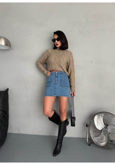 Kadın Mavi Denim Mini Etek Mavi