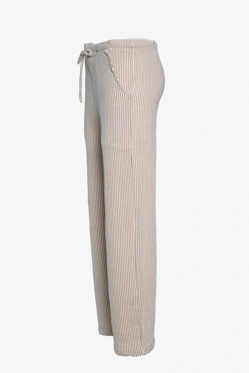 Çizgili Düz Paça Beli Lastikli Pantolon - Kahve Kahve Çizgili Düz Paça Beli Lastikli Pantolon - Kahve Kahve