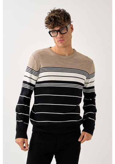 Çizgili Erkek Kazak Bej