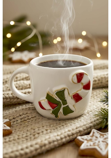 Rivaistanbul Şeker Baston Amore 24 K Altın Süslemeli El Yapımı Yılbaşı Hediyesi Seramik Double Kahve Fincanı, Mug, Kupa Çok Renkli