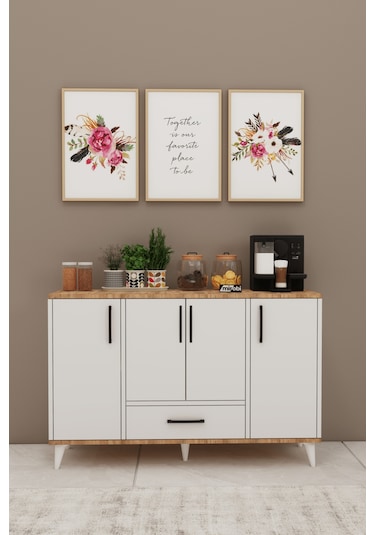 Nedudo Kahve Köşesi Çok Amaçlı Dolap 4 Kapaklı 1 Çekmeceli Kiler Mutfak Dolabı Beyaz Atlantik Beyaz - Atlantik Çam