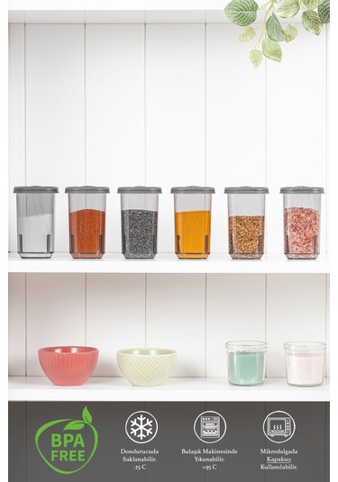 6'lı Etiketli Ve Kilitlenebilir Hava Almaz Kapaklı Baharatlık Seti - Baharatlık Gri Antrasit