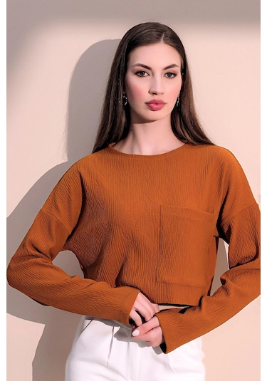 Kadın Hardal Uzun Kol Kendinden Dokulu Cepli Crop Sweatshirt, Salaş Kesim Bluz HARDAL