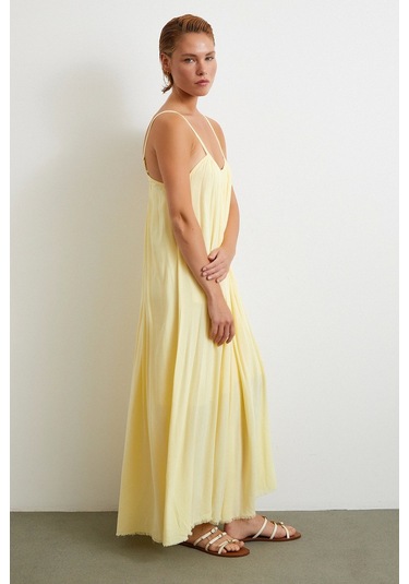 Askılı Piliseli Geniş Elbise Sarı Sarı