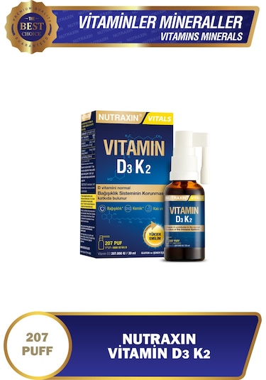 Nutraxin Vitals D3k2 30 Ml - 1000 Iu D3 Vitamini, 25 Mcg K2 Vitamini 207 Puf