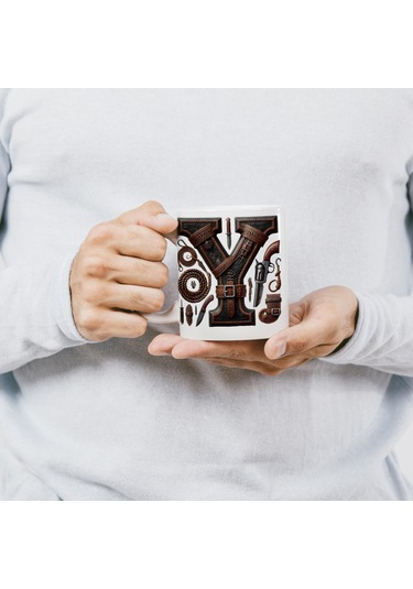 Y Harfi Kovboy Temalı Bardak 330 Ml İsim / Harf Kişiye Özel Hediye - Vahşi Batı Konsept Beyaz