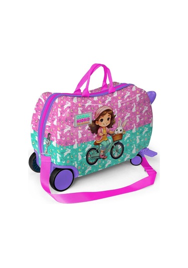 Coral High Otur-çek Kız Çocuk Valizi - Mor Pembe Bisikletli Kız Çok Renkli