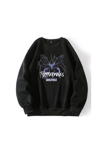 Butterflies Insipire Sweatshirt - Siyah Baskılı Oversize Bisiklet Yaka Siyah