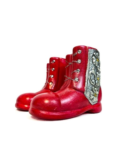 Uretti - Hülya 6683 1710 El Yapımı Alüminyum Kabartma İşlemeli Simli Seramik Ayakkabı 2'li Biblo Seti 2 Adet