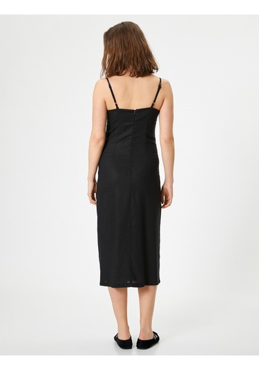 Koton Uzun Elbise Keten Karışımlı Askılı Yırtmaçlı Önü Bağlamalı Siyah 4sal80043ıw Siyah