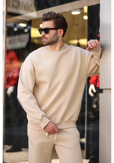 Madmext Bej Bisiklet Yaka Basic Eşofman Takımı E7329 Bej