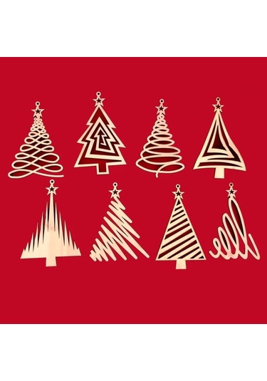 8 Parça Ahşap Yılbaşı Ağacı Süs Seti Ortalama 6-8 Cm Noel Ağacı Süsü
