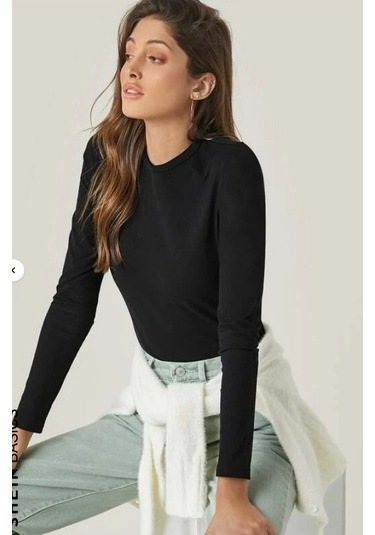 Kadın Uzun Kollu Bisiklet Yaka Süprem Bluz Siyah