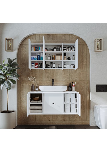 Lavabolu Mat Mdf 105 Cm Çekmeceli Banyo Dolabı + Aynalı Dolap Mat Beyaz