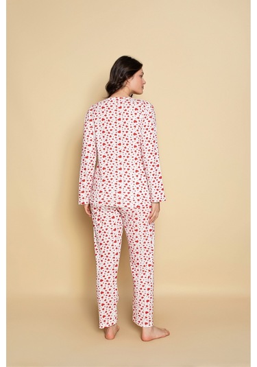 Kadın Penye Sıfır Yaka Bej Renk Uzun Kollu Pijama Takımı Beyaz Puanlı