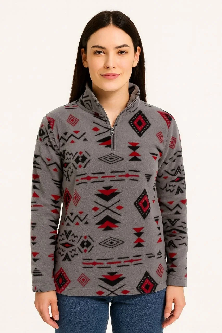 Kadın Yarım Fermuarlı Desenli Polar Sweat Tribal Etnik Desen Yakalı, Uzun Kollu, Oversize Rahat Kalı Füme