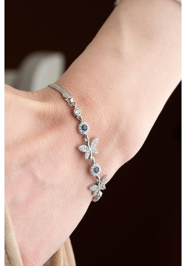 Nereze 925 Ayar Gümüş Çift Kelebek Mavi Taş Detaylı Bileklik