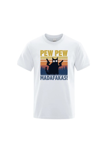 Teekossc Pew Pew Madafakas Erkek Kısa Kollu Komik Kedi T-shirt Vintage Yazlık Ekip Üstü Streetwear Chınawhıte WHITE