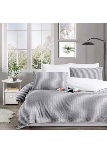 Çift Kişilik %100 Pamuk Ranforce Düğmeli Nevresim Takımı Lastikli Çarşaflı 200x220 Cm Gri Gri