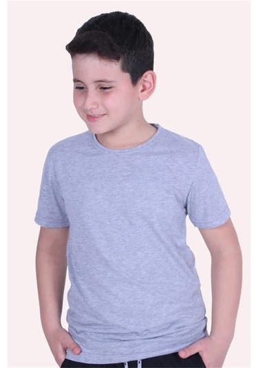 Basic Bisiklet Yaka %100 Pamuk Likralı Düz Unisex Çocuk T-shirt Gri