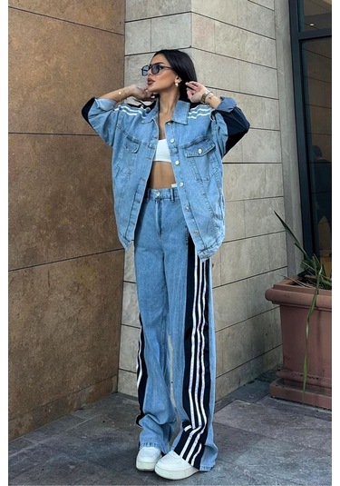 Kadın Siyah Kot Garnili Yanı Şeritli Palazzo Alt Üst Takım Çok Renkli