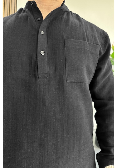 Erkek Hakim Yaka Yarım Patlı Cepli Gömlek Siyah Edw361 Siyah