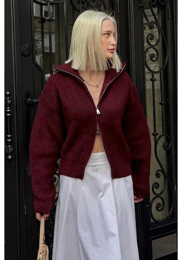 Madmext Bordo Çift Fermuarlı Kadın Triko Hırka Mg2532 Bordo
