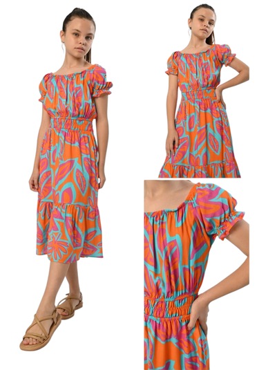 Kız Çocuk Midi Boy Bel Yaka Lastikli Oversize Turuncu Renk Elbise