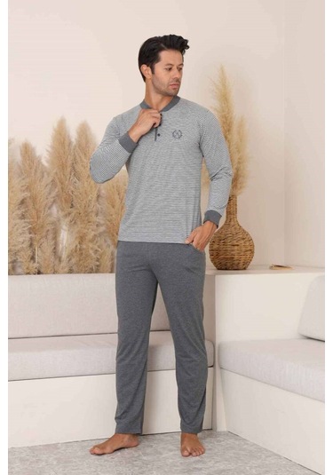 Alimer Erkek 3 Düğmeli Çizgili Desen %100 Pamuk Uzun Manşetli Kol Cepli Pijama Takımı Gri
