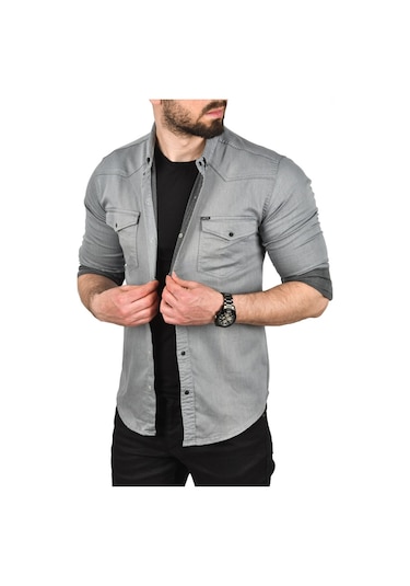Deepsea Erkek Gri Slim Fit Pamuklu Cepli Kot Gömlek Çıtçıtlı Uzun Kollu Spor Gömlek 2502503 Gri