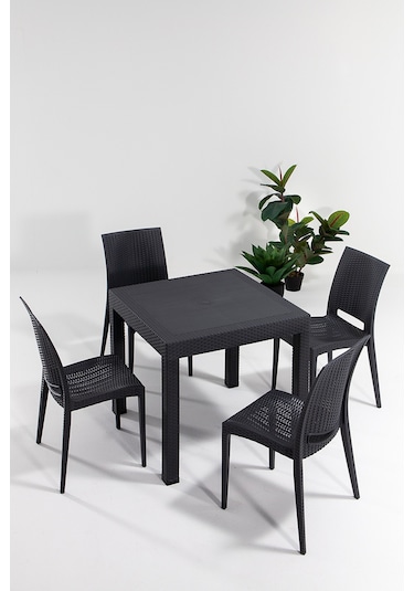 Rattan 80x80 Bahçe&Balkon&Teras Masa Seti - Antrasit Siyah