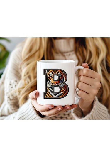 B Harfi Kaplan Figürlü Nakış Desenli Kupa Bardak - Kişiye Özel Vahşi Hayvan Desenli Kupa - Hediye 07 Beyaz