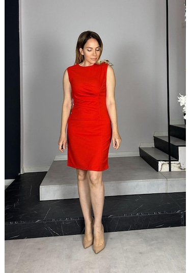 G0987 Drapeli Kolsuz Elbise Nar Çiçeği Nar Çiçeği